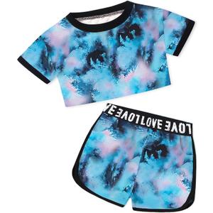 Betusline Girls Summer 2 Piece Outfits,Kids Short Sleeve Crop Top & Shorts Set with Side Pockets (Blue)