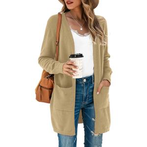 TASAMO Women's Kimono Cardigan Long Sleeve Open Front Casual Knit Sweaters Coat Oversized Soft Outwear with Pockets (Medium, A-06 Khaki)