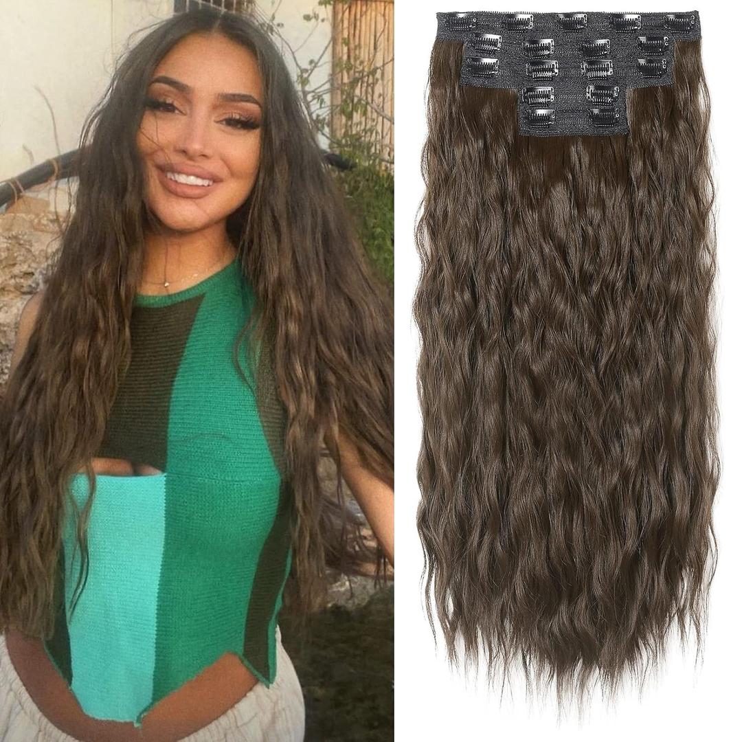 REECHO Hair Extensions, 5PCS Brown Clip in Hair Extensions 24" Thick Long Loose Waves hair extensions HE002 Invisible Lace Weft Natural Soft Hairpieces for Women  Chocolate Brown