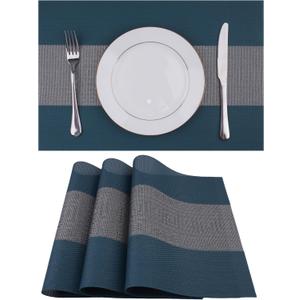 WAZAIGUR Woven Vinyl Placemats,Washable Easy to Clean Table Placemats (Set of 4, Blue Grey)