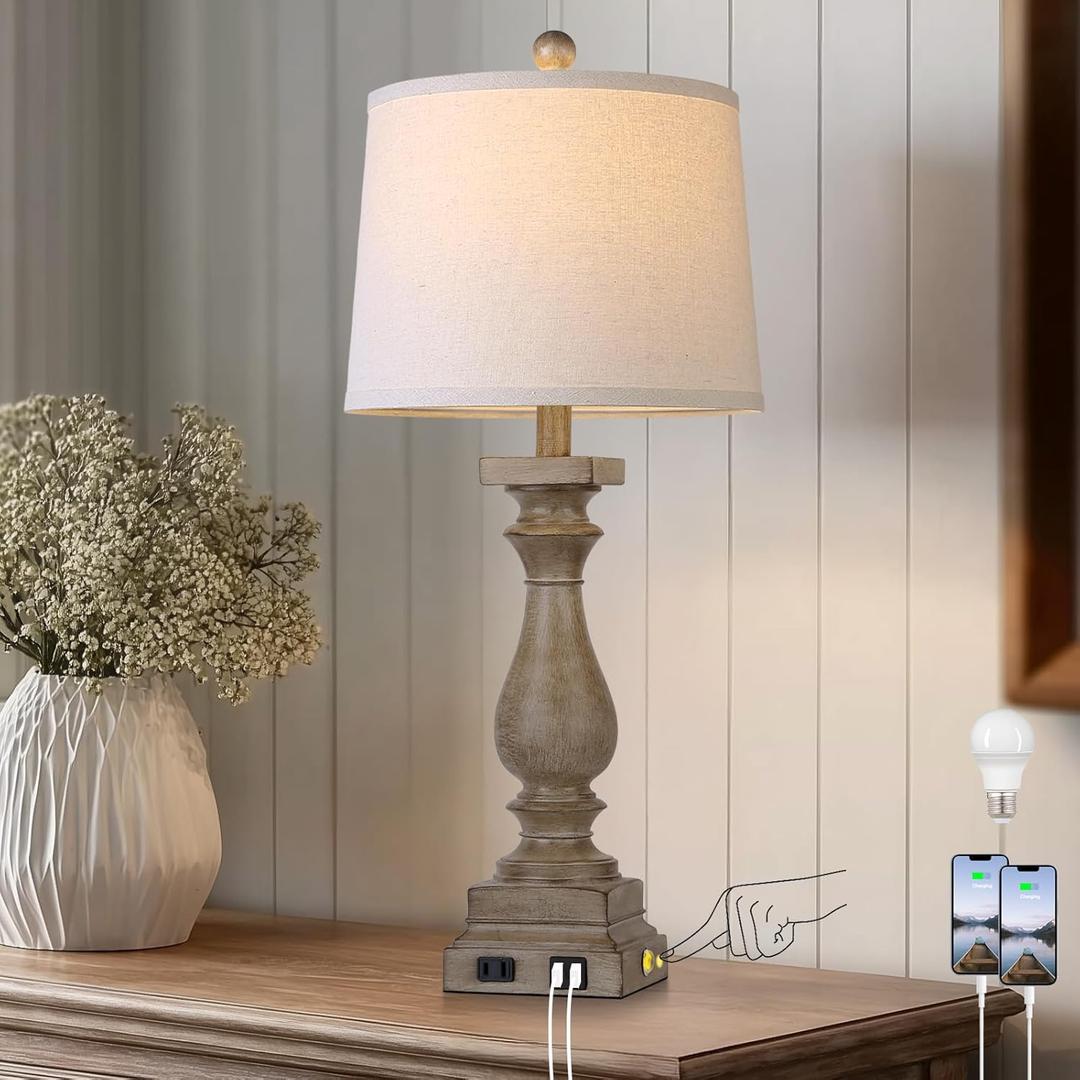 28" Tall Farmhouse Table Lamp with USB C+A Ports and AC Outlet, 3 Way Touch Control Rustic Bedside Lamp for Bedroom, Brown Vintage Nightstand Lamp for Living Room Office