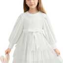 Toddler Girl Tulle Dress Puff Long Sleeves Tutu Dresses with Tie Belt for Princess Brithday Party 1-6T