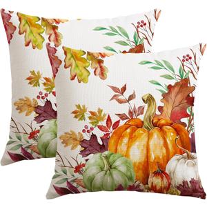 3 x Artscope Fall Decorative Throw Pillow Covers 18x18 Inch Set of 2, Watercolor Pumpkin Fallen Leaves Outdoor Farmhouse Pillow Cases for Home Sofa Couch-Orange