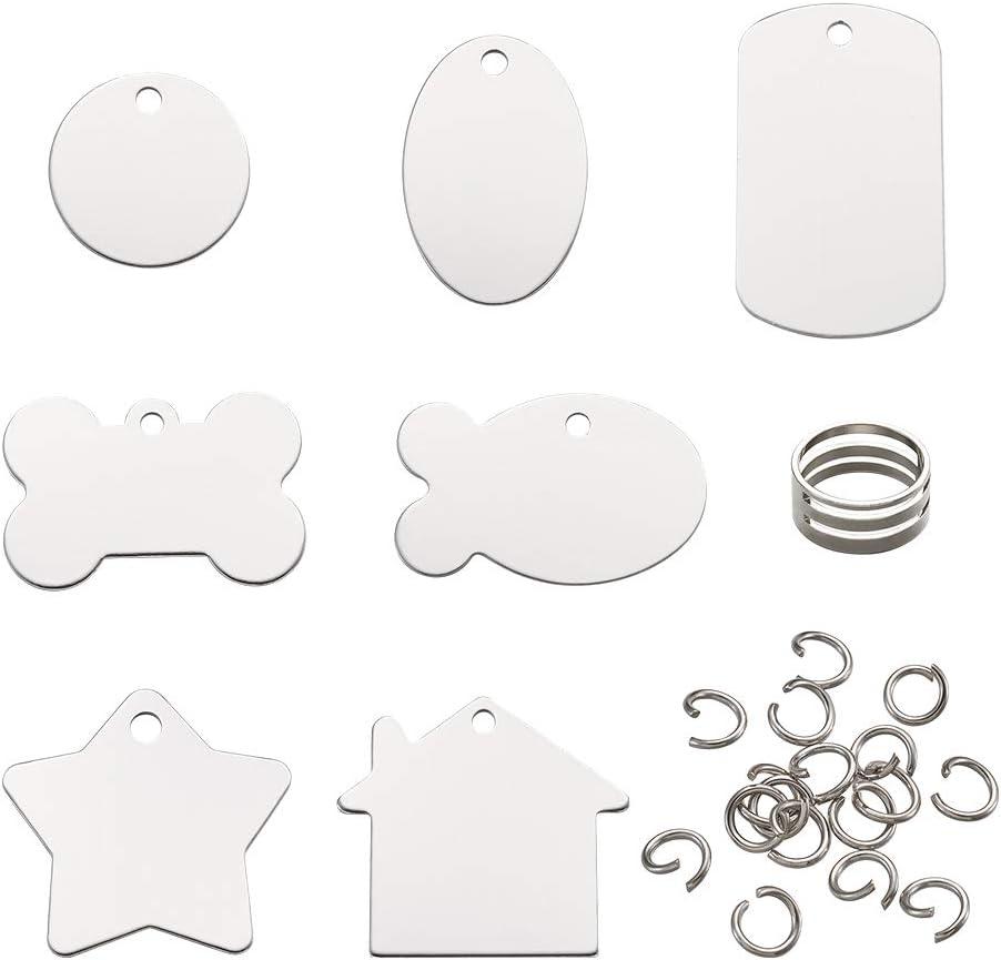 Pandahall 28pcs Aluminum Stamping Blank Tags Set with Flat Round Oval Rectangle Star Charms 50pcs Stainless Steel Jump Rings Jump Ring Opening Closing Tool for DIY Jewelry Making Supplies