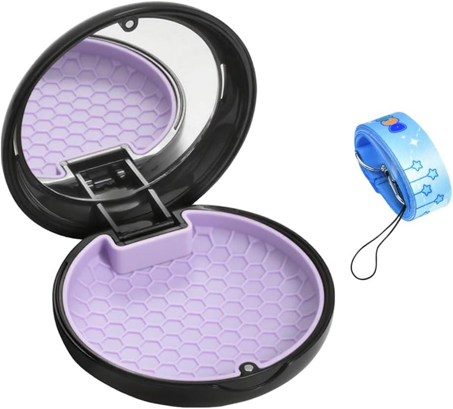 Retainer Holder with Mirror & Lanyard, Compact Night Guard Case with Vent Holes, Partial Denture Container for Purse, Portable Aligner Box Compatible with Invisalign (Black Purple)