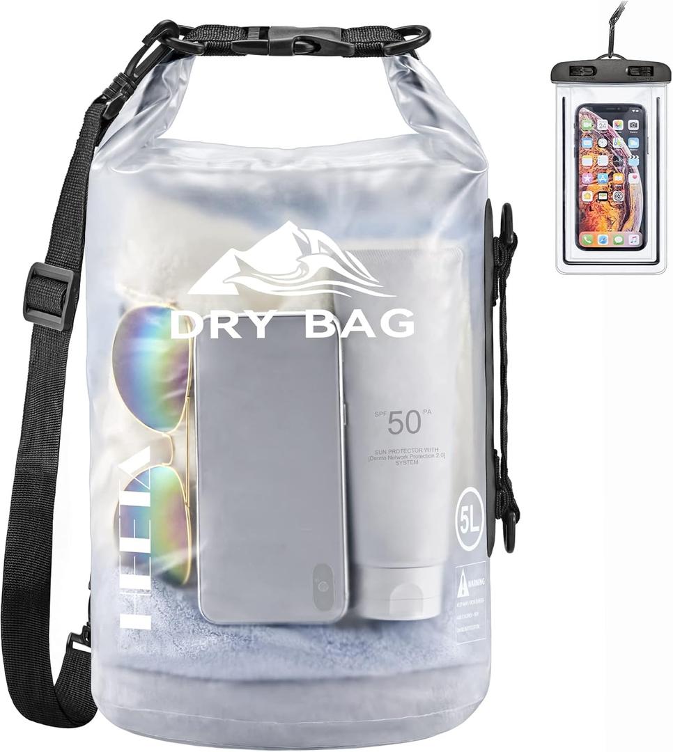HEETA Dry Bag Waterproof for Women Men, Roll Top Lightweight Dry Storage Bag Backpack with Phone Case for Travel Swimming Boating Kayaking Paddle Board Camping Beach Accessories (White, 5L)