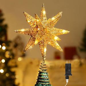 Christmas Star Tree Topper, 3D Geometric Star Plugged Decorative Treetop with LED Light Beads for Home Holiday Xmas Tradition Moravian Decor 6-Hour Timer Function 5m Cable, Gold