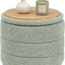 B FSOBEIIALEO Round Storage Ottoman with Tray, Folding Ottoman with Storage Coffee Table Foot Rest for Dorm Room Living Room Chenille Fabric,Wood-Grain Leather Base,Sage Green,15.35"x15.35"x14.57"