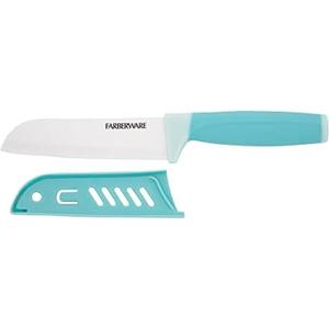 Farberware Ceramic 5- Inch Santoku Knife with Custom-Fit Blade Cover, Razor-Sharp Kitchen Knife with Ergonomic, Soft-Grip Handle, Dishwasher-Safe, 5-inch, Aqua