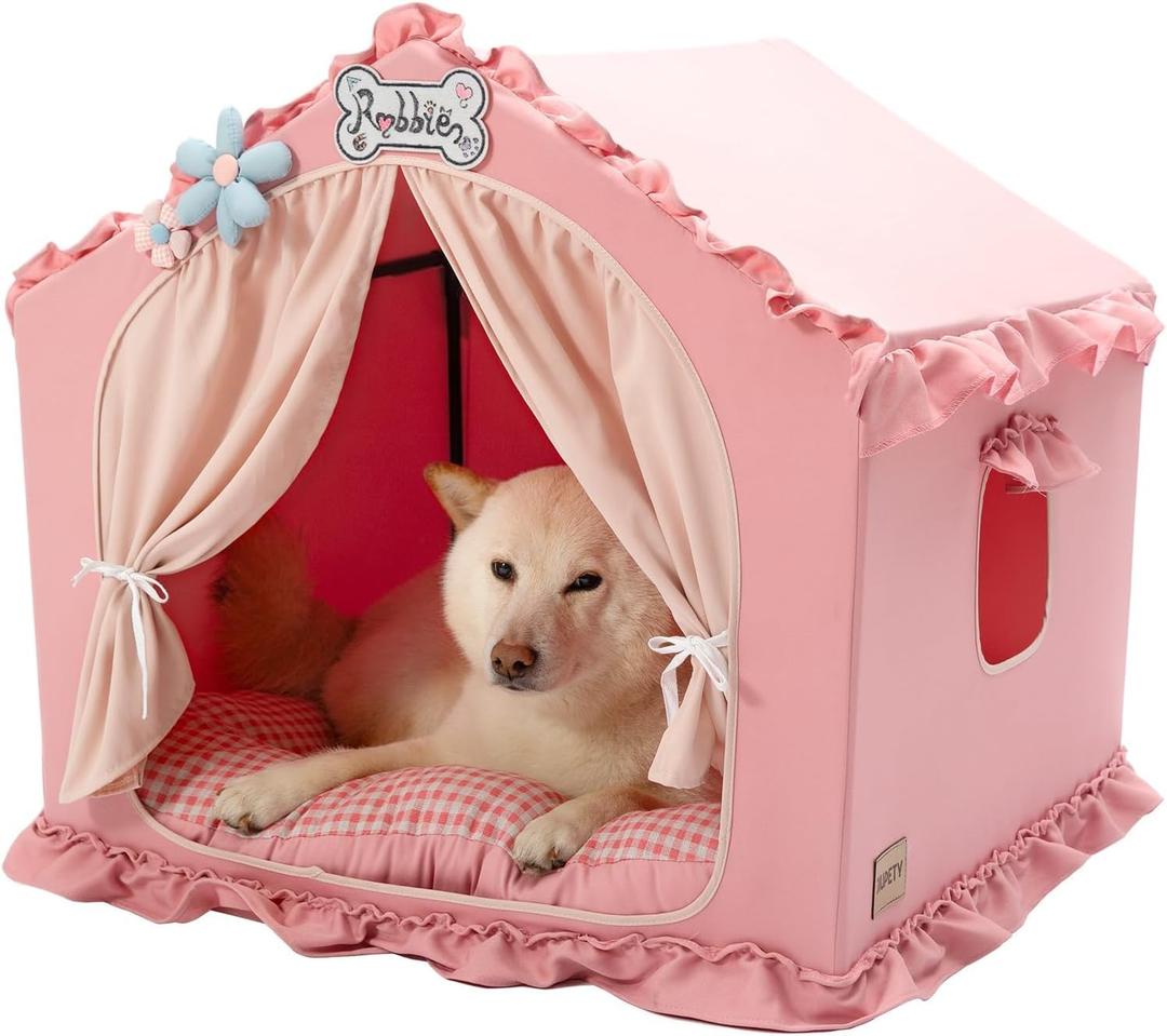 Jiupety Indoor Dog House with Frame, Cute Dog Tent Bed with Cover Cave, Breathable, Washable, and Foldable House, Suitable for 20-40 Lb, Large (25"25"25"), Pink