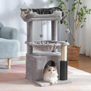 5 in 1 Cat Tree 32 Inches Cat Tower with Self Groomer,15.7Large Hammock, Fully Scratching Post, Removable Top Perch and Wide Condo for Indoor Cats-Gray