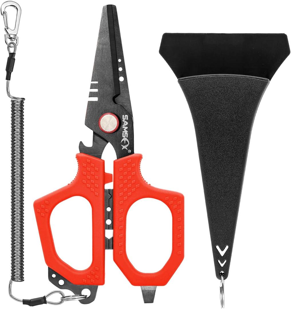 SAMSFX 6.5" Pro Fishing Shears Dual Serrated Blades, Fishing Braided Line Scissors with Titanium Coating, Non-Slip Grip & Multifunction Tool, Includes Hard Molded Locking Sheath & Coiled Lanyard