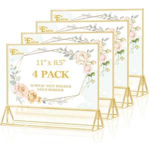 EHWINE 4 Pack Acrylic Sign Holder 8.5 x 11 Horizontal, Double-Sided Stand up Table Top Sign Holders, Gold Acrylic Picture Frame Menu Flyer Paper Holder Display Stand for Office Business Store Wedding Party