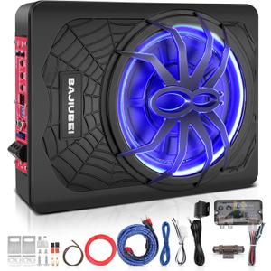 10" 1200W Slim Under Seat Powered Car Subwoofer Hideaway Subwoofer with Complete Mounting Wire Kit, Car Truck Audio Subwoofer Built in Amplifier Sub Amp Combo, with Blue LED Ambient Light