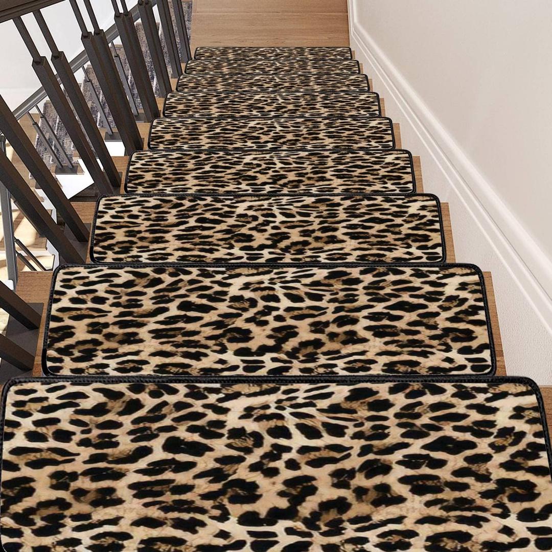Stair Treads Seamless Leopard Texture Leopard Fur Animal Non-Slip Self Adhesive Step Carpet Runner Rug Stair Mats with Magic Tape for Indoor Outdoor Kids Dogs 30"x8"-13PCS