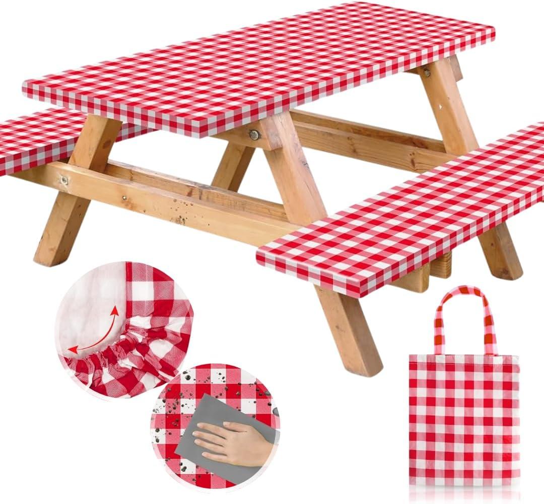 RNOONY Vinyl Fitted Picnic Table Cover with Bench Covers and Bag, 6ft Outdoor Waterproof Picnic Tablecloth with Elastic Edges, 72x30 Inches 3 Pcs Set (Red Checkered)
