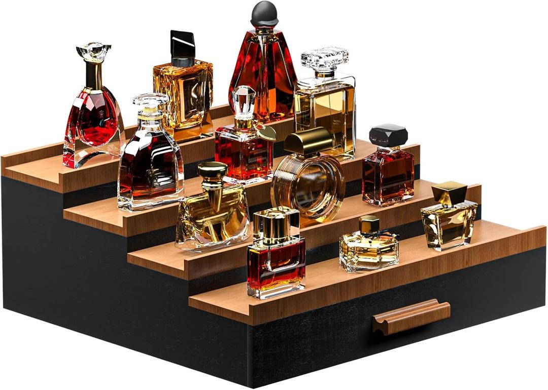 Cologne Organizer for Men,4 Tier of Elevated Cologne Display Stand with Drawer Storage, Wood Cologne Display, Perfume Organizer and Storage Display Risers, Great Gift for Men (Black Walnut)