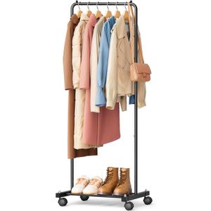 KIMBORA Small Clothing Rack with Wheels, Portable Clothes Racks for Hanging Clothes, 56" Metal Rolling Garment Rack for Coats, Jackets, and Shirts, Black