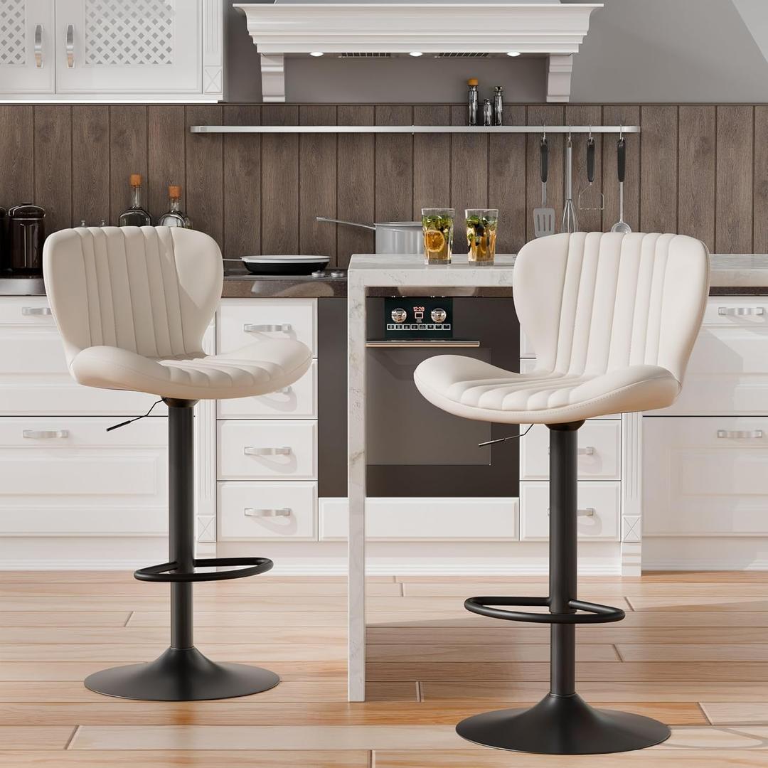 Shintenchi Bar Stools Set of 2 Modern Swivel Bar Chairs, Counter Height Faux Leather Metal Barstools, Upholstered Island Chairs with Back and Footrest, Beige
