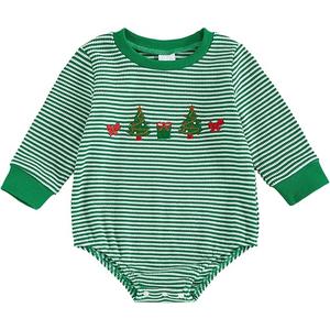 ZAXARRA Baby Christmas Sweatshirt Romper Striped Waffle Knit Jumpsuit Christmas Tree Embroidery Cute Boy Girl Holiday Outfit 3-6M