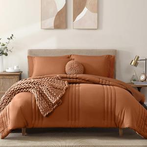 Monbix Super King Plus Size Comforter Set - 7 Pieces Burnt Orange Bed in a Bag Super King Plus Bedding Sets with Comforters, All Seasons Comforter Bed Set with Sheets,Pillowcases & Shams