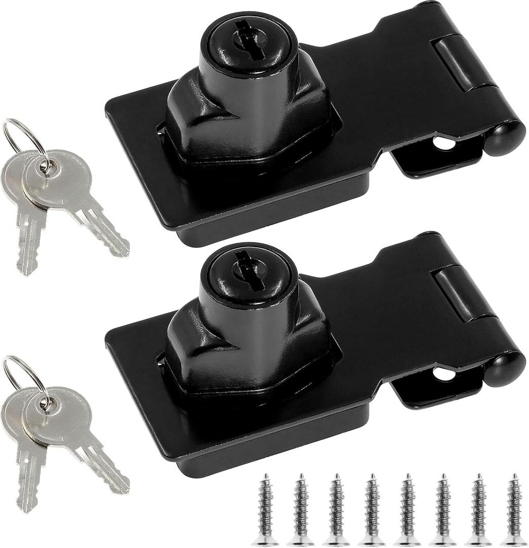 2 Packs 2.5 Inch Hasp Lock With Keys, Stainless Steel Latch, Twist Knob Keyed Locking for Cabinet Small Door, Flat Black