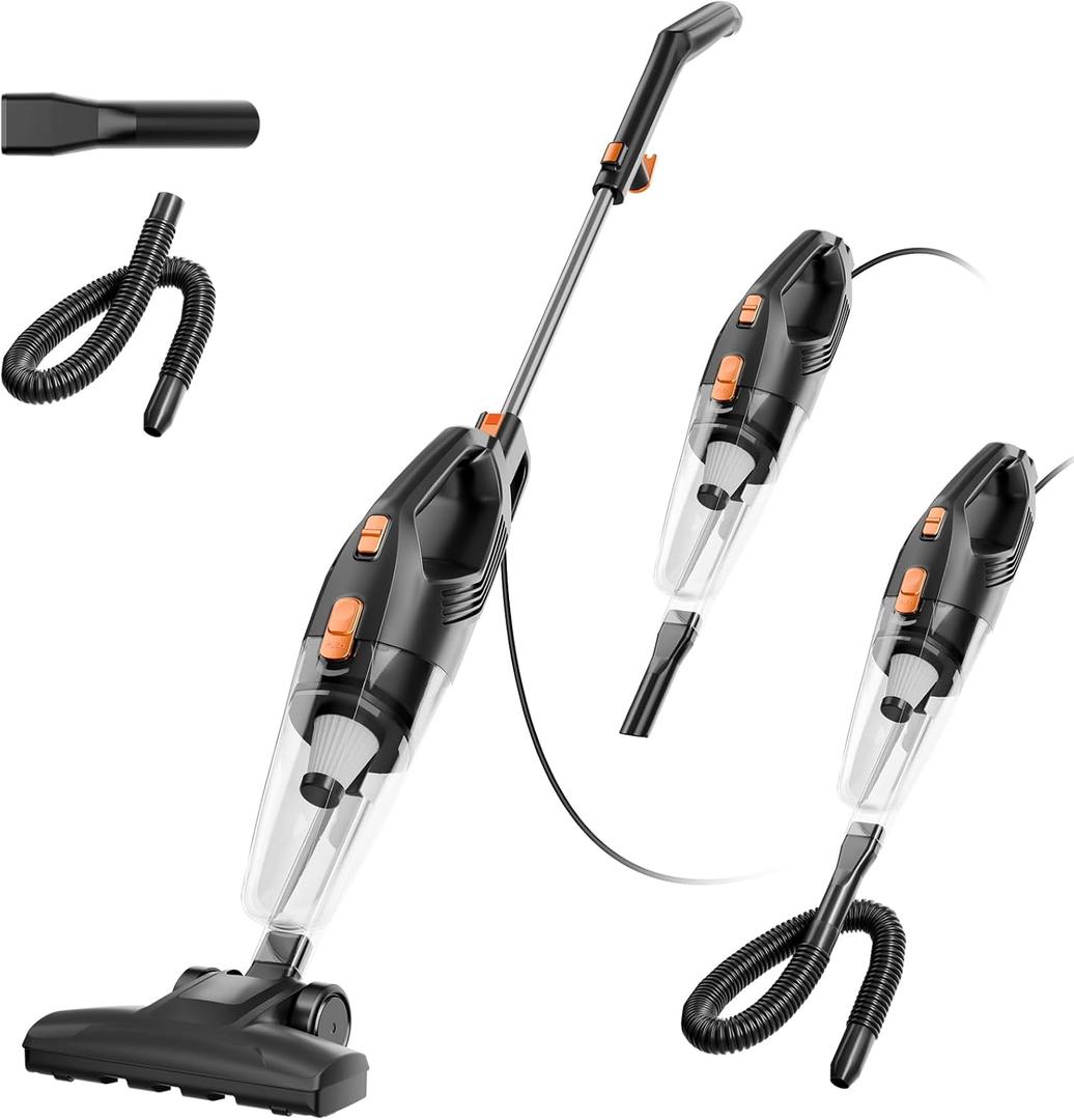 Corded Stick Vacuum Cleaner - Lightweight, Powerful Suction with 450W Motor, 3-in-1 16.4Ft Cord Vacuum Cleaners for Home, Hard Floor, Carpet, Pet Hair Black Orange