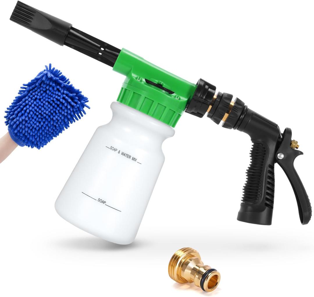 Ohuhu Car Wash Foam Gun, Soap Sprayer With 3/8" Brass Connector & Washing Mitts, Dual Filtration, 6 Levels of Foam Concentration, Quick Connect to Most Garden Hose (Green)