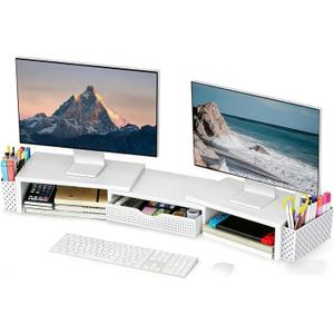 Spacrea Metal Desk Organizers and Accessories, Dual Monitor Stand Riser with Drawer and 2 Pen Holders, Desk Accessories & Workspace Desktop Organizers for Office Supplies (White)