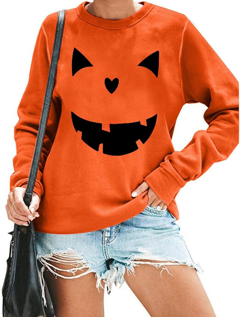 Women's Halloween Pumpkin Face Long Sleeve Spooky Sweatshirts Lightweight Casual Pullover Tops (Orange, L)