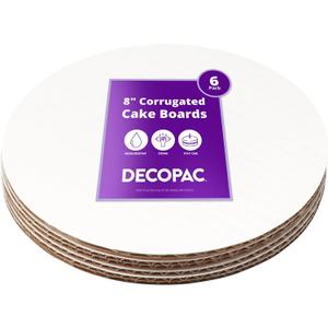 DecoPac Round Cake Board, Waxed Greaseproof finish, Sturdy Corrugated Cake Board, Pack of 6, White - 8 Inch