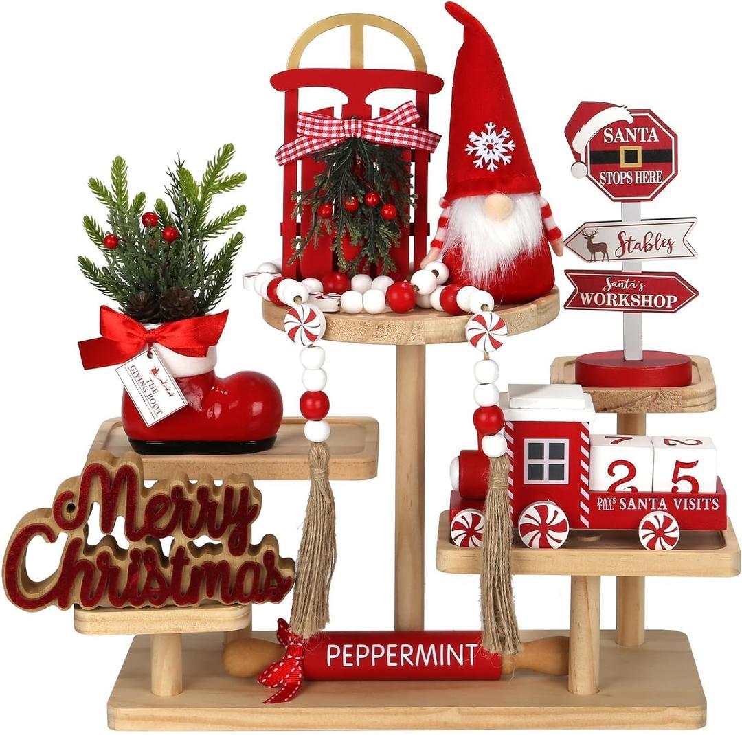 Christmas Decorations 8 PCS Tiered Tray Decor Set, Cute Tabletop Christmas Decor for Home Shelf Mantel Fireplace Office Desk Coffee Bar Xmas Table Centerpieces Tray Objects Holiday Decoration Set