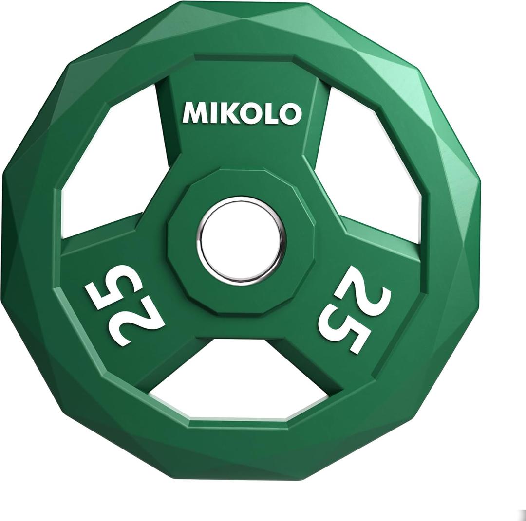 Mikolo Olympic Weights Set 2-Inch Rubber Plates, 12-Sided Non-Roll Rubber Grip with 3 Handles for Home Gym, Strength Training 25 LB Singl