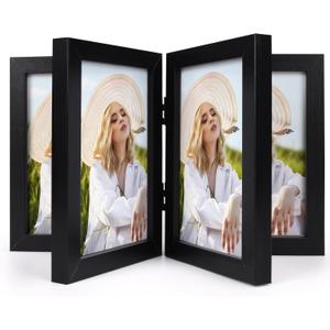 Lyeasw Four Hinged 4x6 Picture Frame, Classic 8 Opening 4 by 6 Photo Frame with Glass, Black Folding Frame for Tabletop or Desk Standing