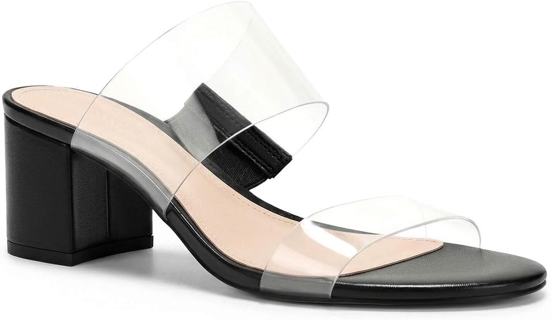 Coutgo Women's Clear Heeled Sandals Transparent Two Strap Chunky Block Heels Mules Open Toe Slip On Dress Shoes