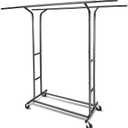 Fishat Black Heavy Duty Double Rod Garment Clothes Rack for Hanging Clothes, Rolling Organizer Commercial Metal with Lockable Wheels Mobile for Coats Dresses