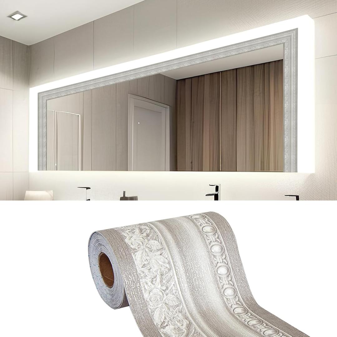 LONGKING 16ft Grey Mirror Tape Border, Peel and Stick Mirror Border for Bathroom, Waterproof PVC Wallpaper (Thickened) (4.2in x 16.4ft, Gray)