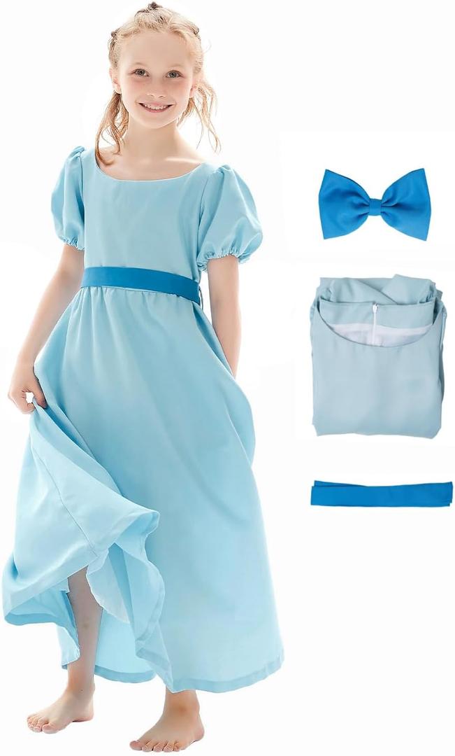 Kids Blue Dress Costume Cosplay Girls Princess Dress Summer Dress Blue Skirt Belt Bow Headwear Outfit Halloween Suit, Medium