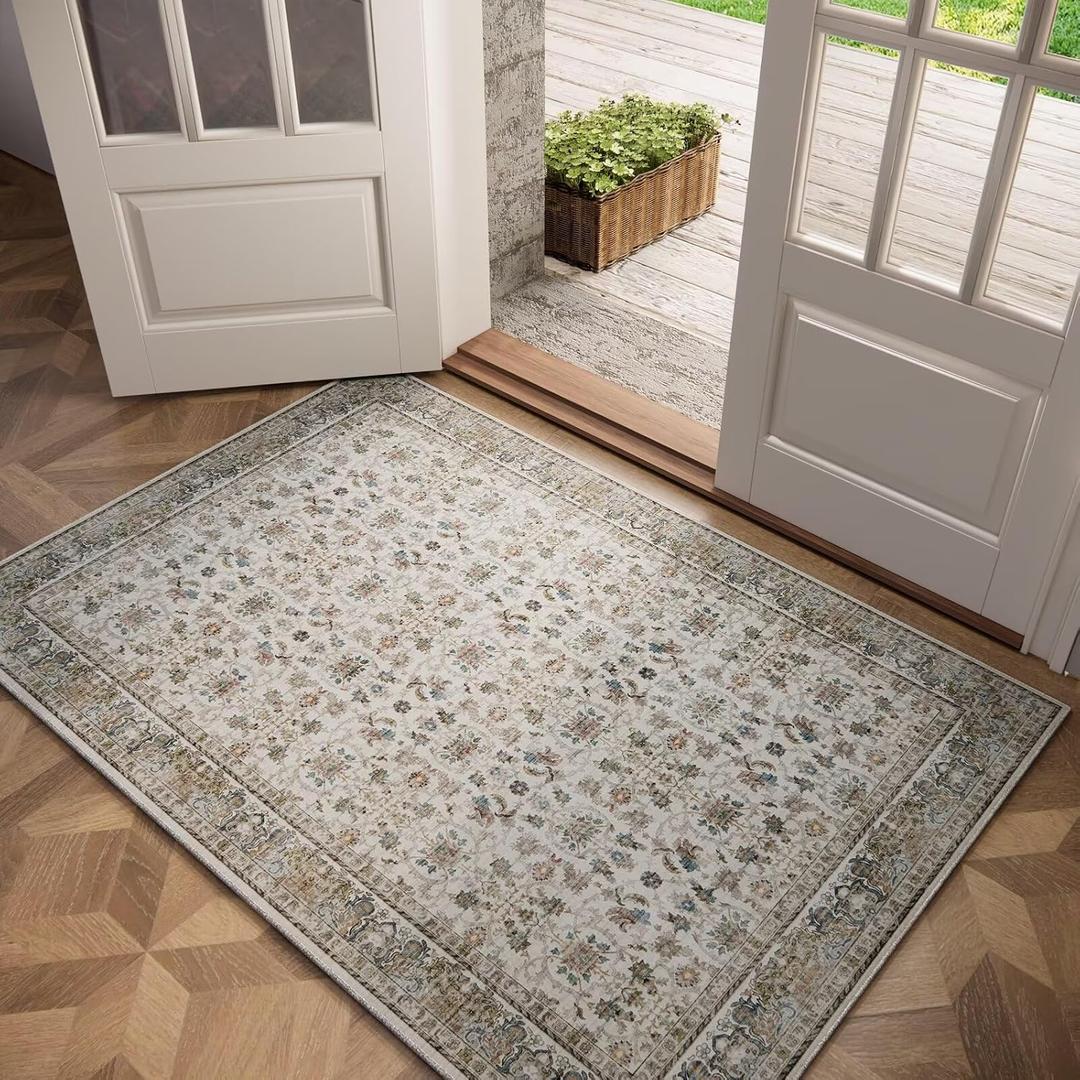 Washable 2x3 Entryway Rug, Non-Slip Door Mat, Cream/Light Blue