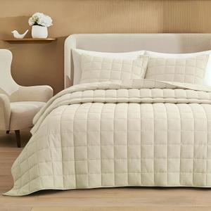 Cotton Muslin Gauze Quilt Set Queen, Soft Breathable, Ivory
Cotton cover with polyester fill, 3-season warm pre-washed linen-like comforter, airy cozy feel, corner loops, box stitch