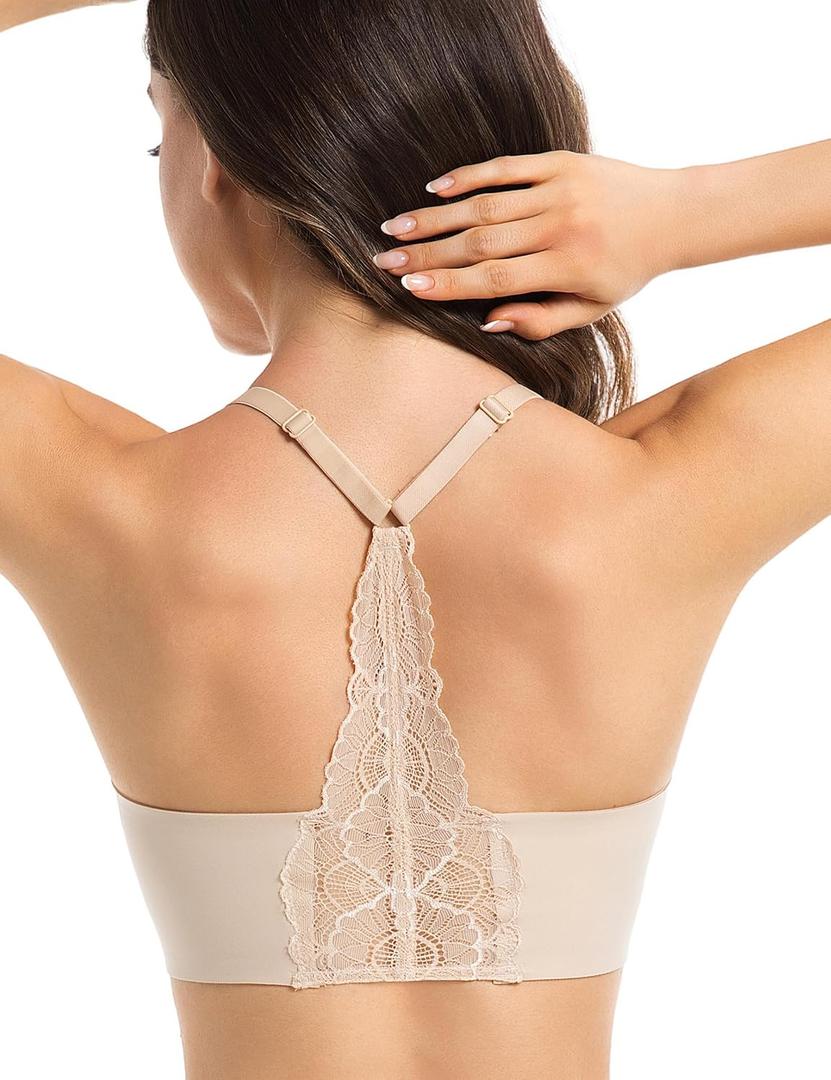 Lusait Lace Bralettes for Women Full Coverage Sexy No Underwire Deep V Racerback Bra Comfort Padded Bras (Small, Beige)