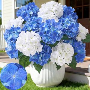 12 Heads Artificial Flowers for Outdoors, UV Resistant Faux Hydrangea Flowers for Outdoor Planters Front Porch Garden Window Box Patio Decor White & Blue