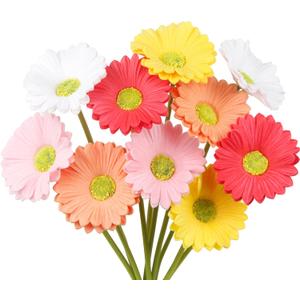 10 Pcs Artificial Gebera Daisies Flowers Fake Daisies Real Touch Flower PU Faux Flowers Bouquet for Indoor Home Arrangements Vase Wedding Party Table Centerpiece DIY Floral Decor Multicolor