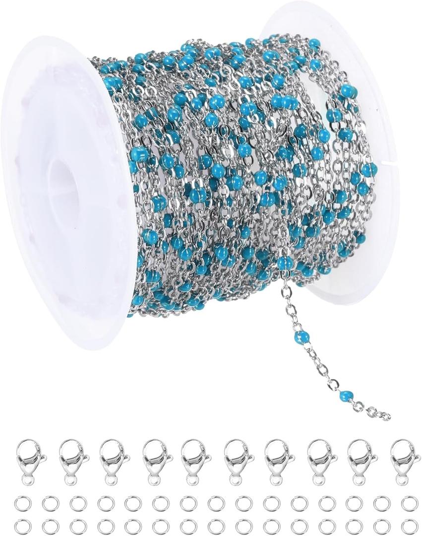 MECCANIXITY Stainless Steel Bead Chain, 16.4 Feet/5M Enamel Beaded Jewelry Link Cable Chains Spool Kit for Jewelry Making, Necklace, Bracelets, DIY Crafts (Silver/Lake Blue, Pack of 1)