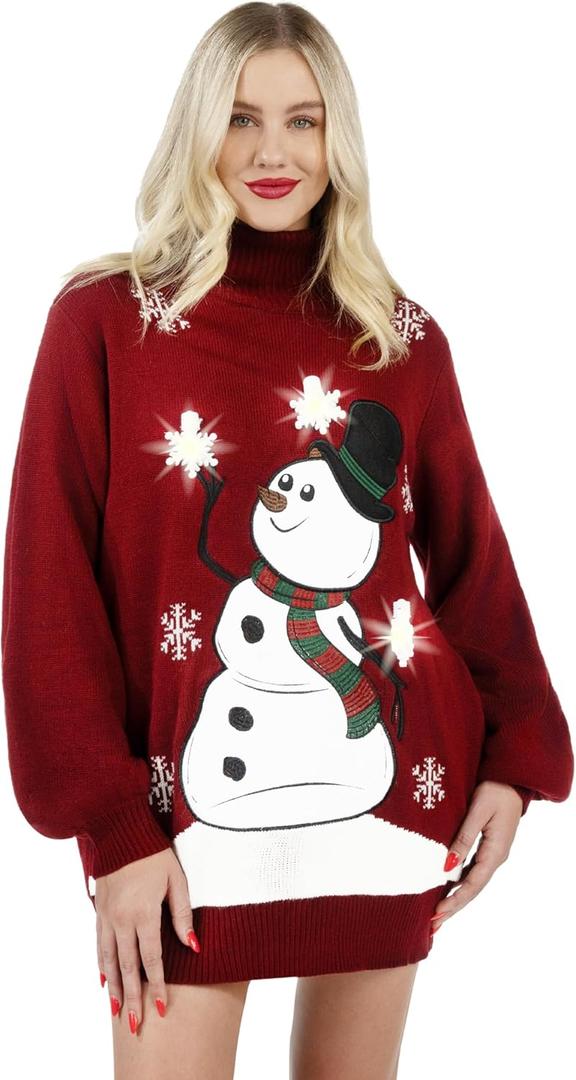 Giggling Getup Ugly Christmas Sweater Dress for Women, LED Christmas Pullover 2025, Loose Women Turtleneck Sweater (Large, Red)