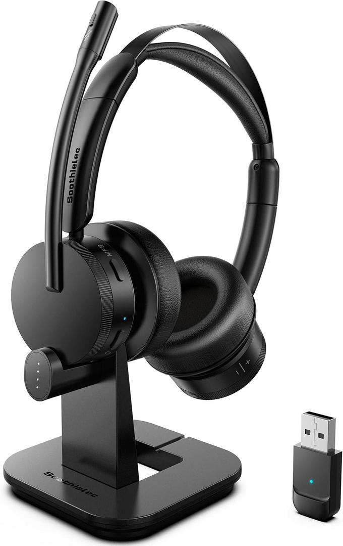 Wireless Headset with Mic for Work, Bluetooth Headset with Microphone for PC, Noise Cancelling Headphones with Mic Mute Button & USB for Call Center/Office/Home/Computer/Laptop/Cell Phones/Teams/Zoom