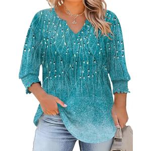 Rapbin Plus Size Tunic Tops for Women Dressy 3/4 Three Quarter Sleeve 2025 Ladies Peasant Blouse to Hide Tummy (Blue Green Floral 3XL)