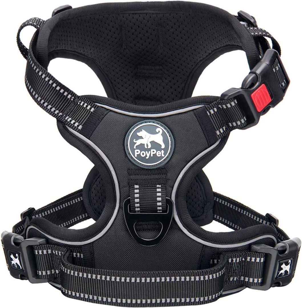 PoyPet No Pull Dog Harness, No Choke Front Lead Dog Reflective Harness, Adjustable Soft Padded Pet Vest with Easy Control Handle for Dogs(Black, M)