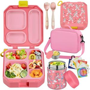 wiwens Bento Lunch Box for Kids with 12oz Soup Thermo Leak-Proof Lunch Food Container with 5 Compartment Thermo Hot Food Jar and Insulated Lunch Bag for Kid Toddler Girls Boys to School (Pink1)