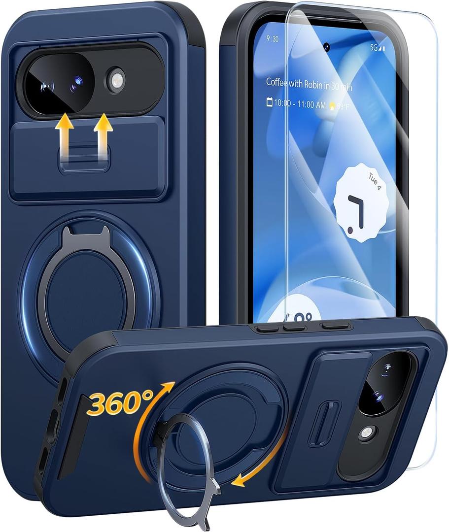 JAME for Google Pixel 10A Case, Ring Holder Stand Kickstand, Slide Camera Cover with Screen Protector, Dual-Layer Shockproof Protective, Magnetic Accessory Friendly Google Pixel 10a Phone Case, Blue